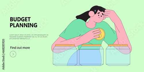 Woman think how to plan her personal or family budget or manage money savings. Character decide how to spend money. Trendy illustration for web banner, mobile app, advertisement or article.