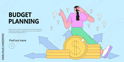 Woman think how to plan her personal or family budget or manage money savings. Character decide how to spend money. Trendy illustration for web banner, mobile app, advertisement or article. photo