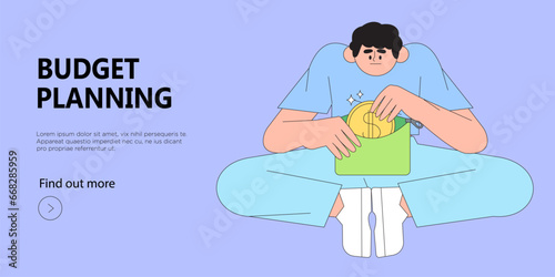 Man think how to plan his personal or family budget or manage money savings. Character decide how to spend money. Trendy illustration for web banner, mobile app, advertisement or article.