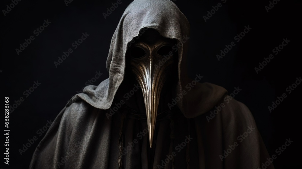 A mysterious figure emerges from the shadows, wearing a long cloak and a face mask similar to that of a medieval plague doctor. Created using Generative AI technology. A mysterious figure emerges from the shadows, wearing a long cloak and a face mask similar to that of a medieval plague doctor. Created using Generative AI technology.