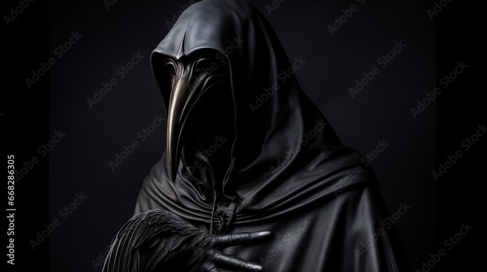 A mysterious figure emerges from the shadows, wearing a long cloak and a face mask similar to that of a medieval plague doctor. Created using Generative AI technology. - obrazy, fototapety, plakaty 