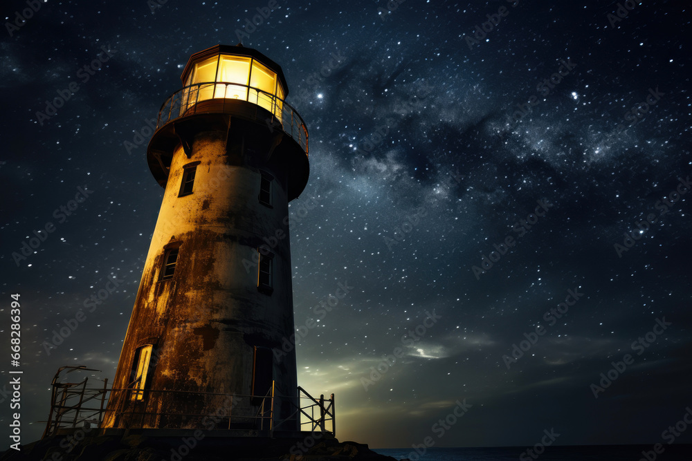 Guardian of the Night: Abandoned Lighthouse Under Cosmic Canopy