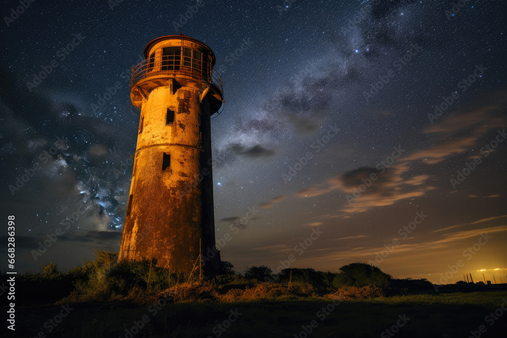 Luminous Ruins: Abandoned Lighthouse Amidst Stardust Symphony