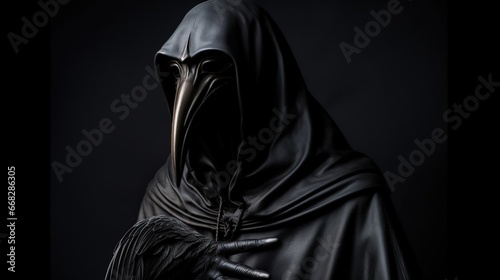 A mysterious figure emerges from the shadows, wearing a long cloak and a face mask similar to that of a medieval plague doctor. Created using Generative AI technology. © Viktor