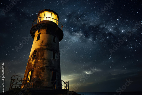 Guardian of the Night: Abandoned Lighthouse Under Cosmic Canopy