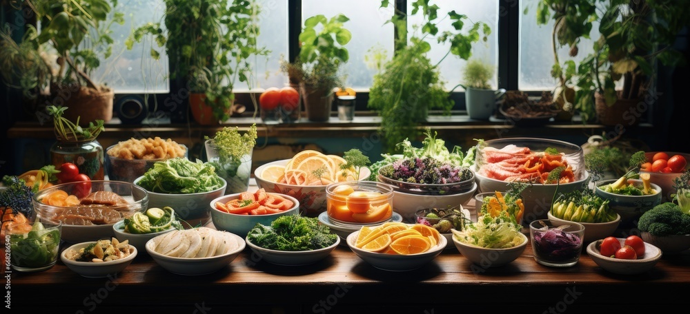 healthy diet full of fresh foods plates on one table, in the style of larme kei, bold