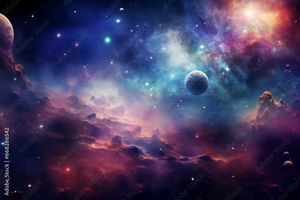 Abstract colorful cosmos background. Planets and galaxies, sky and stars in universe.