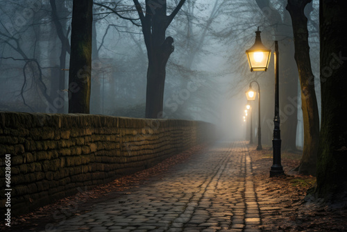 Antique Lamp Post in a Foggy Setting