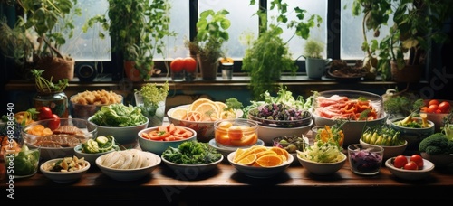 healthy diet full of fresh foods plates on one table, in the style of larme kei, bold photo