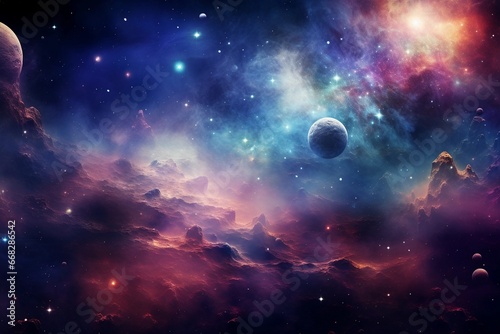 Abstract colorful cosmos background. Planets and galaxies, sky and stars in universe.