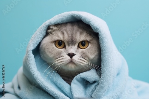 Cute gray cat wrapped in a towel on blue background. Washing pets.