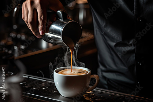 Espresso coffee being poured into a cup with milk