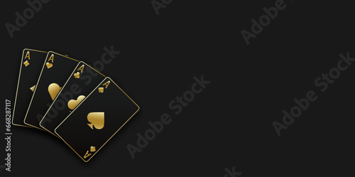 A hand fan of playing cards consisting of four black and golden Ace of Spades, Diamonds, Clubs, Hearts. Vector illustration poker and casino of all the aces on black table background.