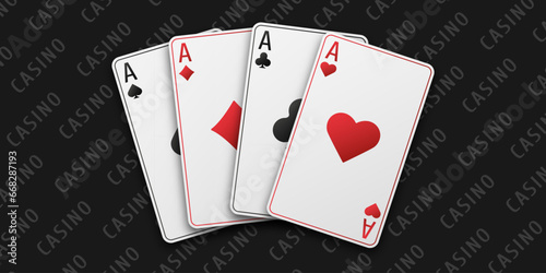 Black casino table background. A hand fan of playing cards consisting Ace of Spades, Diamonds, Clubs, Hearts. Vector illustration Casino of all the aces.