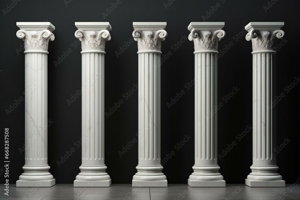 Five white color Ancient marble pillars on the black background. Five white color Ancient marble pillars on the black background.