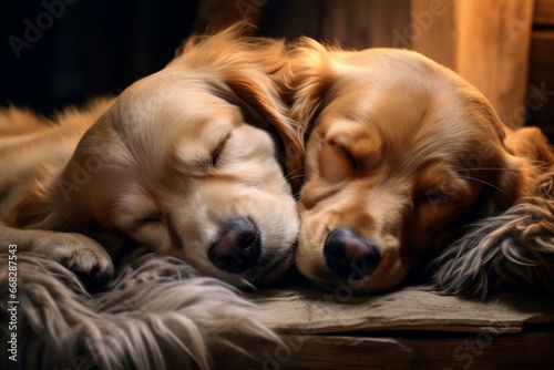 Loyal Two dogs sleeps together. Funny pet love. Generate Ai