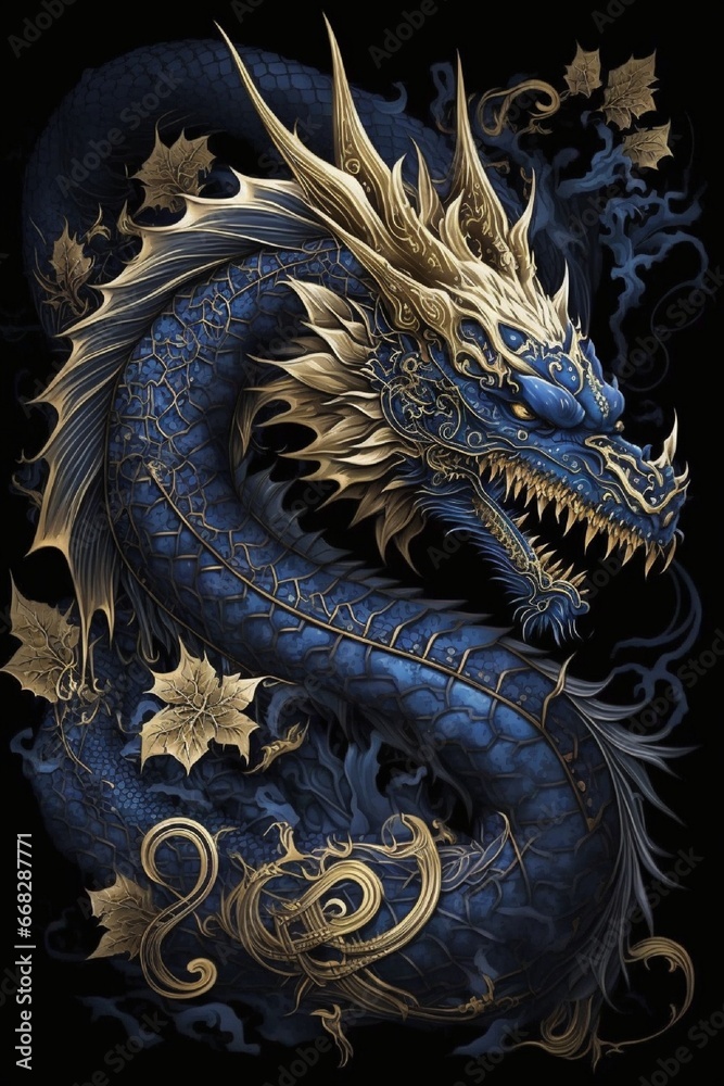 Fototapeta premium 3D dragon on black background. Generative in ai