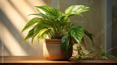 Potted plant with sunlight on wooden table.