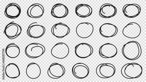 Hand drawn circle or oval line sketch set. Hand drawing circular scribble doodle round circles. Vector illustration for message note mark design element on a transparent background. photo