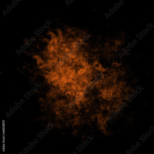 Orange color powder explosion isolated on black background. Royalty high-quality free stock photo image Freeze motion of Orange powder exploding. Colorful dust explode. Paint Holi, dust particles spla