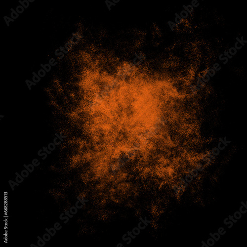 Orange color powder explosion isolated on black background. Royalty high-quality free stock photo image Freeze motion of Orange powder exploding. Colorful dust explode. Paint Holi, dust particles spla
