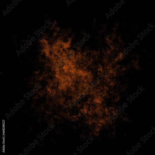 Orange color powder explosion isolated on black background. Royalty high-quality free stock photo image Freeze motion of Orange powder exploding. Colorful dust explode. Paint Holi, dust particles spla photo