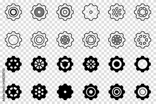 Gears icon set. Setting gears icon. Collection of mechanical cogwheels. Vector illustration with black silhouettes sprocket icons or signs design element. Transparent isolated background.