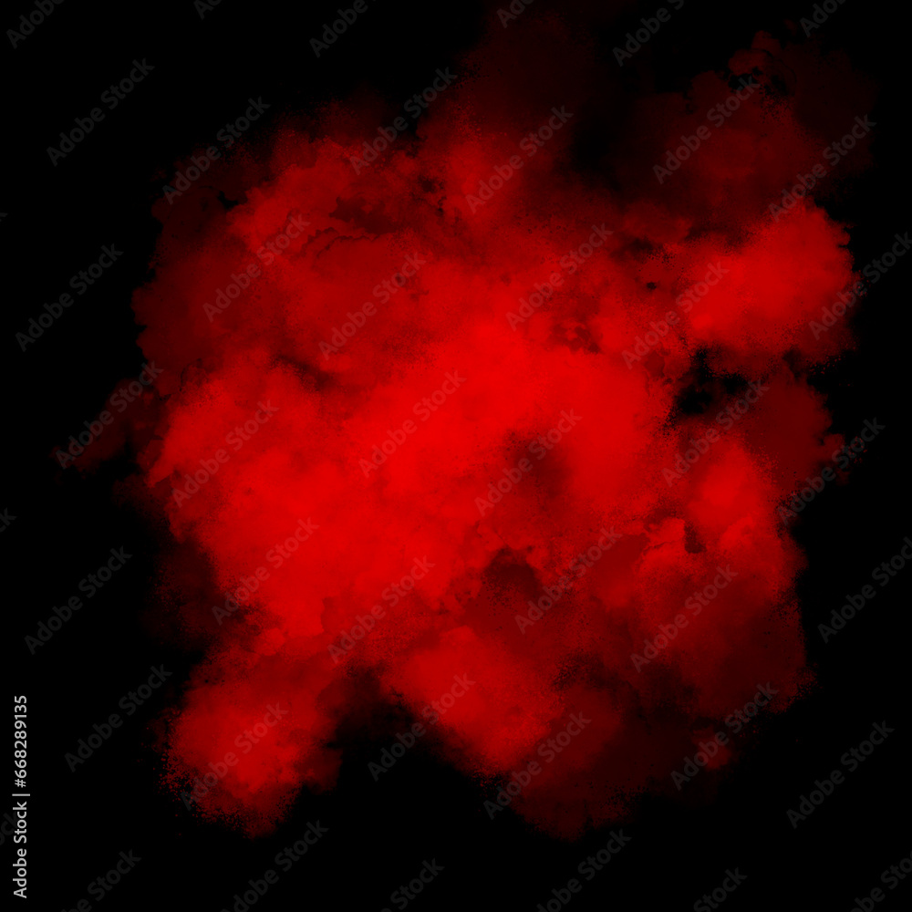Red color powder explosion isolated on black background. Royalty high-quality free stock photo image Freeze motion of Red powder exploding. Colorful dust explode. Paint Holi, dust particles splash