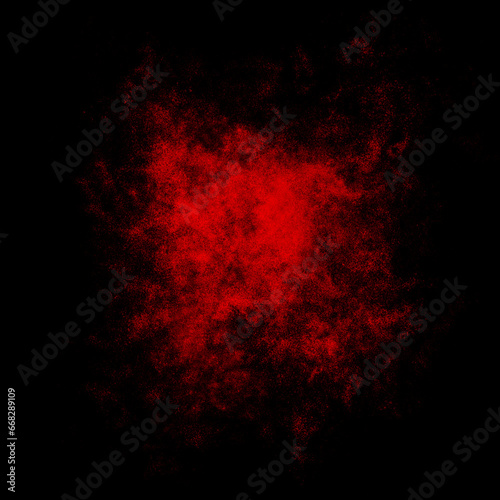 Red color powder explosion isolated on black background. Royalty high-quality free stock photo image Freeze motion of Red powder exploding. Colorful dust explode. Paint Holi, dust particles splash © Jangnhut2023