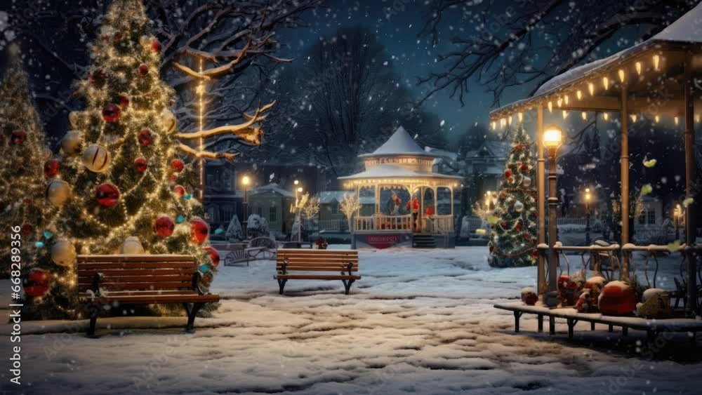 the atmosphere of a small children's park on Christmas Eve with Christmas tree decorations. seamless looping time-lapse virtual video animation background.