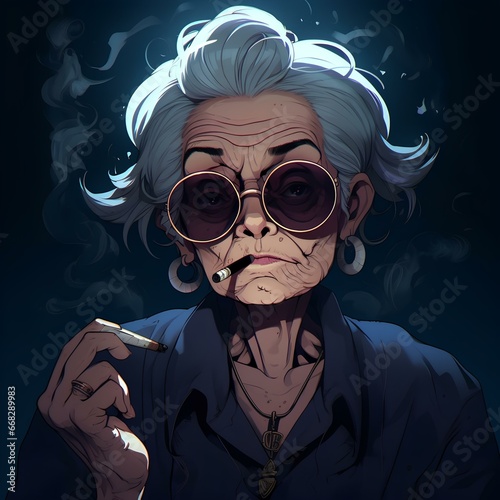 a 90s anime old woman with tattoos on her body wearing round glasses like a gangster