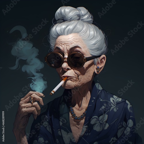 a 90s anime old woman with tattoos on her body wearing round glasses like a gangster
