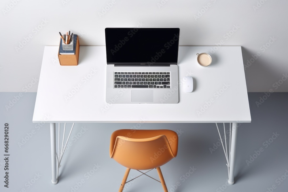 Fototapeta premium Workplace at home, light table with laptop, mouse, cup and chair. Writing utensils. Top view. Generated by artificial intelligence