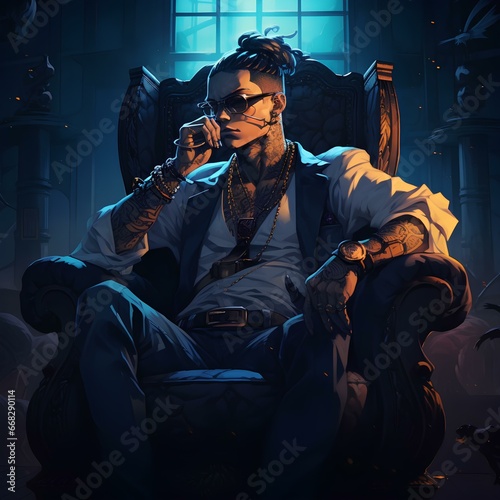 a 90s anime pirate with tattoos on his body wearing glasses like a gangster sitting on a king's chair