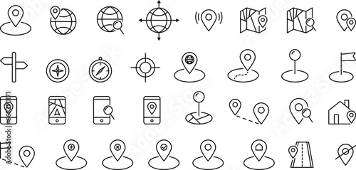 Set of navigation, location, GPS and map icon design. Editable stroke. Outline icons collection. Design for website marketing design, logo, app, template, ui, etc. Simple vector icon illustration.