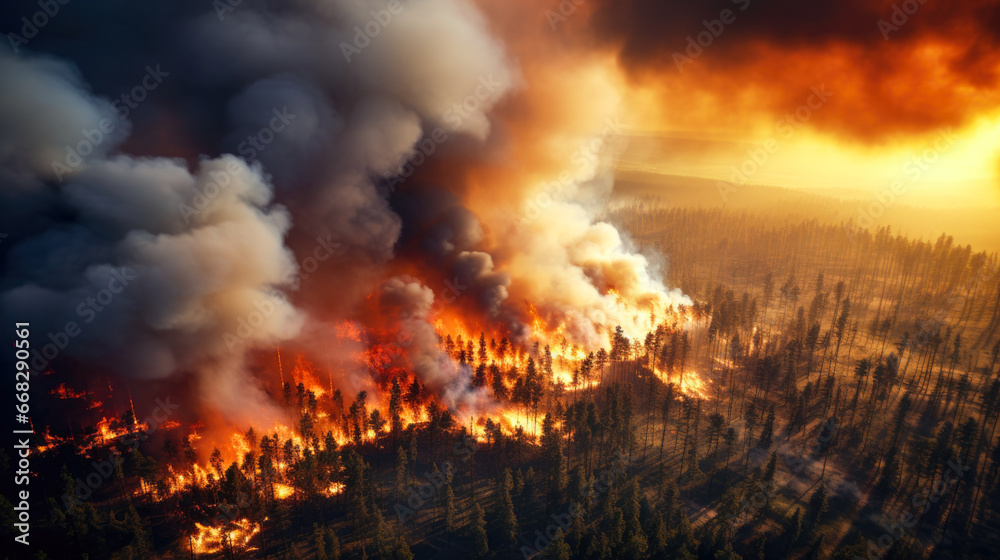 Fototapeta premium Wildfire consumes the forest terrain