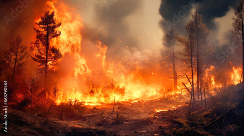 Forest fire engulfs the woodland floor