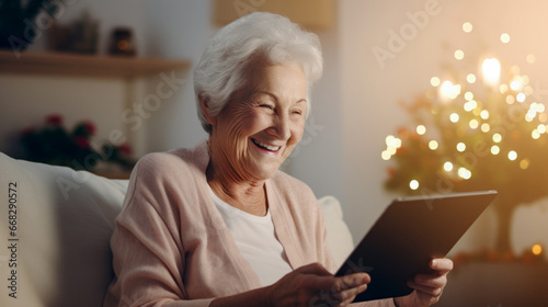 An elderly lady is utilizing a tablet to make online purchases