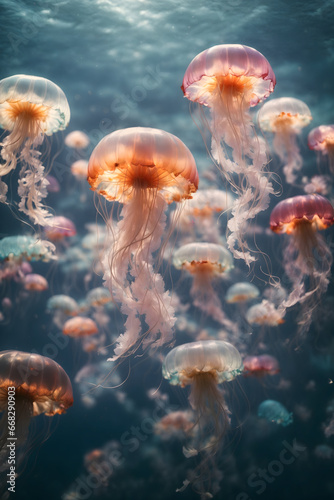 Vivid Elegance: Colorful Jellyfish Floating Through the Water