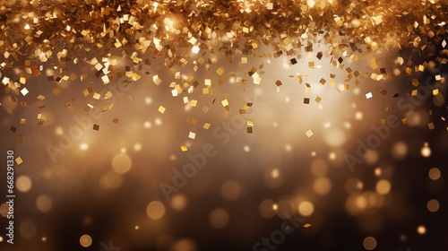 Golden bokeh confetti background for celebration. Happy new year celebration banner. Falling gold particles. 