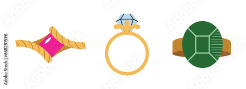 Golden jewelry set. Cartoon gold ring with precious stones flat elegant expensive accessories in modern style. Vector illustration isolated on white background