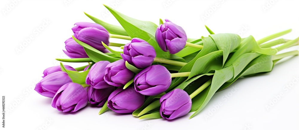 Violet tulips bouquet on a white background with space for copying