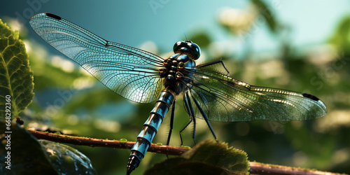  beautiful dragonfly in the morning with a beautiful blur background Dragonfly sitting on a stick Dragonfly basks in the sun, Eyes. AI Generative