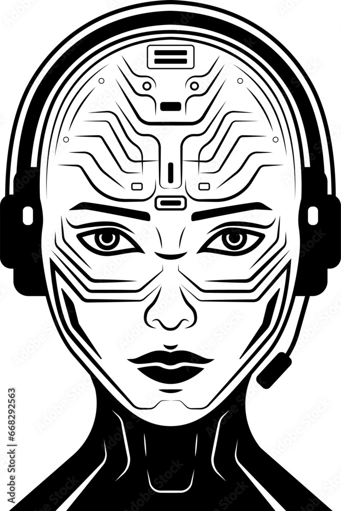 Art artificial intelligence woman with a headset. Art woman with microchip on face with headphones and. Black and white illustration.