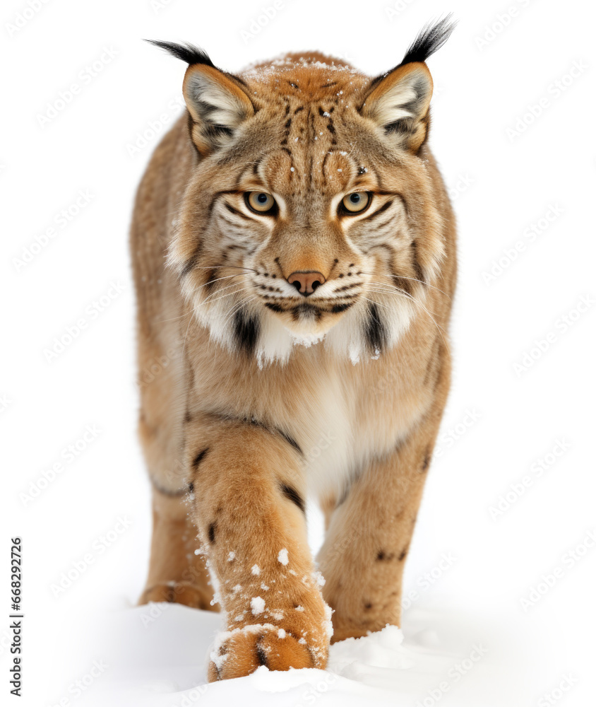 lynx walks forward looking straight into the eyes, isolated on a white background. lynx walks forward looking straight into the eyes, isolated on a white background.