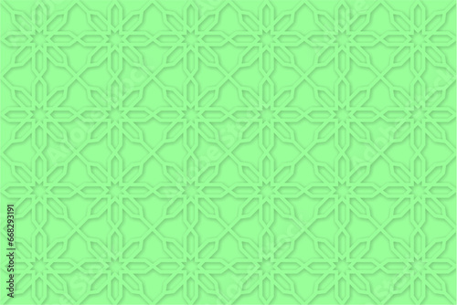 Seamless geometric embossed pattern on green background. Beautiful Islamic background for banner, backdrop, leaflet, flyer, card, wallpaper, and more.