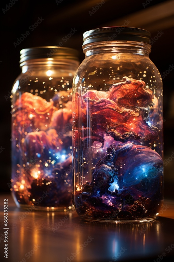 glass jar with a lighting. Generative in ai