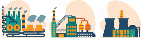 Industrial factory building illustration set. industrial buildings with smoke pipes thermal power plants, warehouse.
