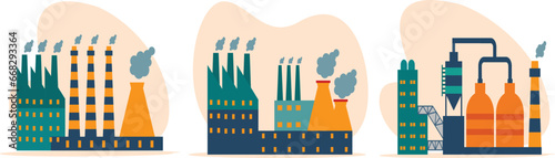 Industrial factory building illustration set. industrial buildings with smoke pipes thermal power plants, warehouse.

