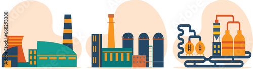 Industrial factory building illustration set. industrial buildings with smoke pipes thermal power plants, warehouse.
